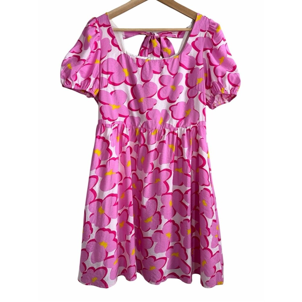 Pink Floral Puff Slv Tie-Back Square Neck Pink Babydoll Dress Casual Women Sz L